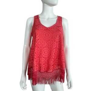 Self Esteem Salmon Color Lace V-Neck Sleeveless Fringe Edge Top